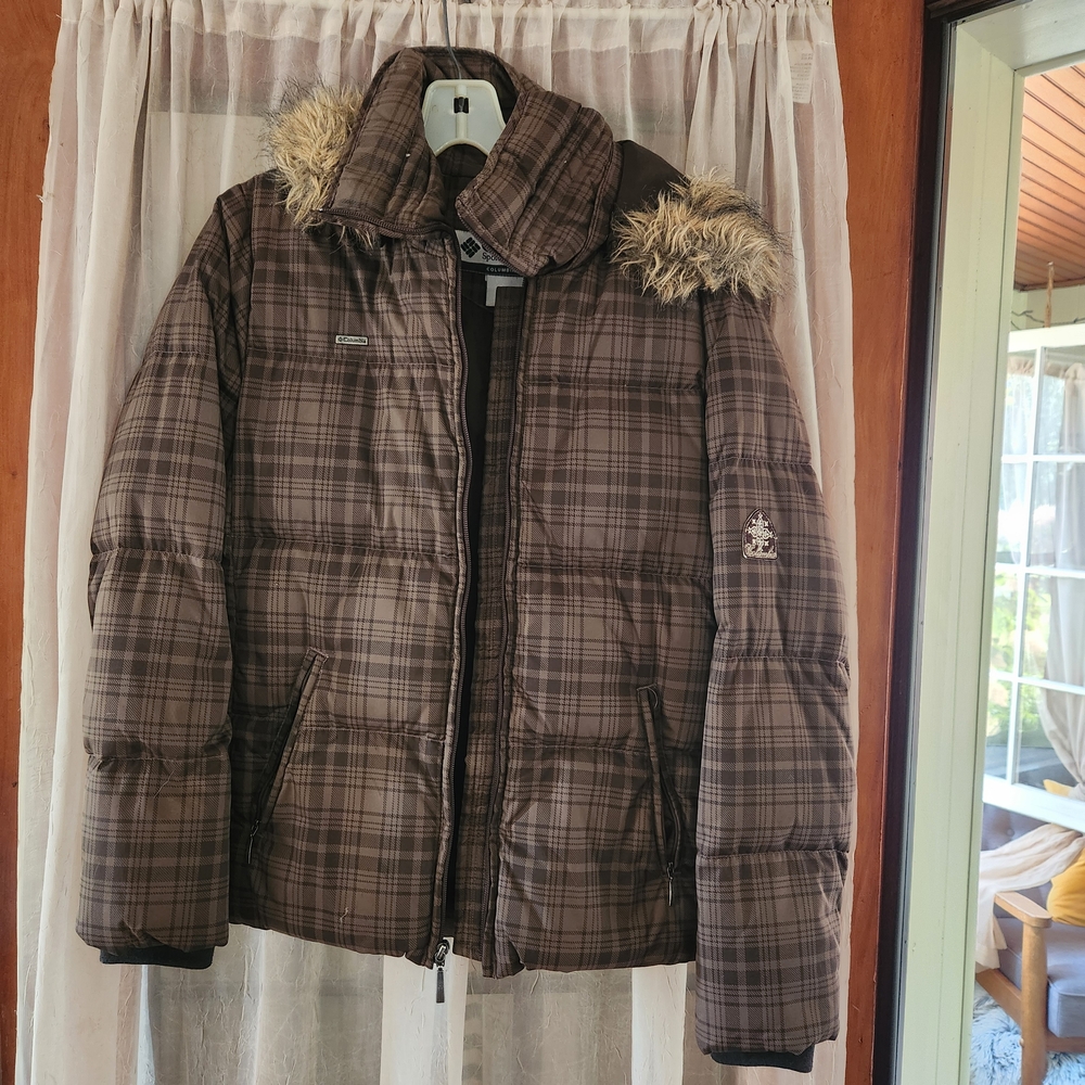 Columbia Brown Plaid Jacket with Fur Trim